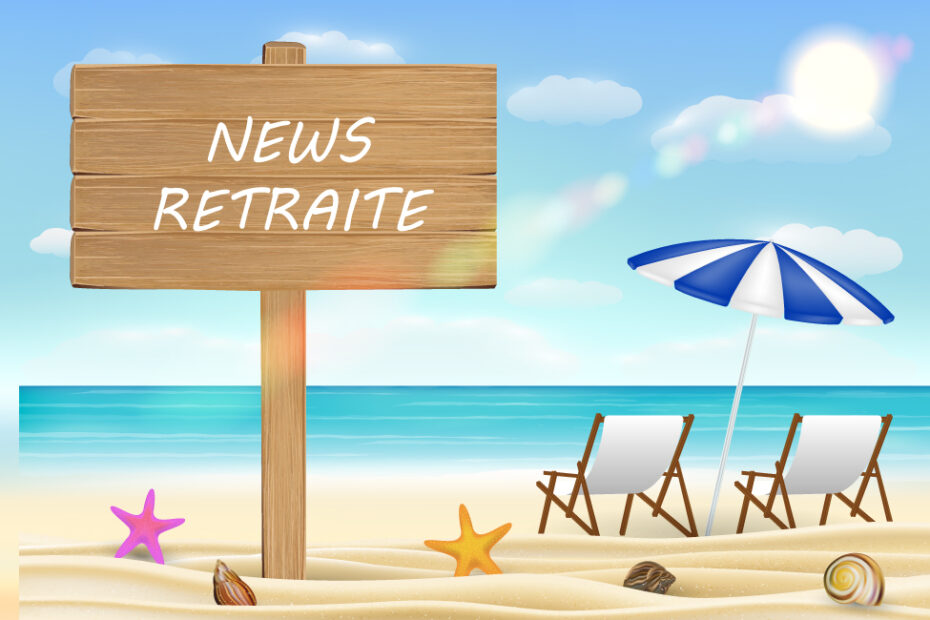 Image illustrative d'une plage avec deux chaises longues et un panneau info retraite