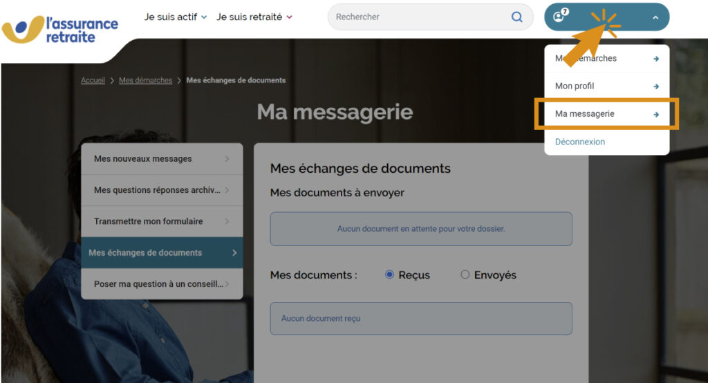 capture d'écran du chemin d'accès à la messagerie du compte personnel de l'Assurance retraite