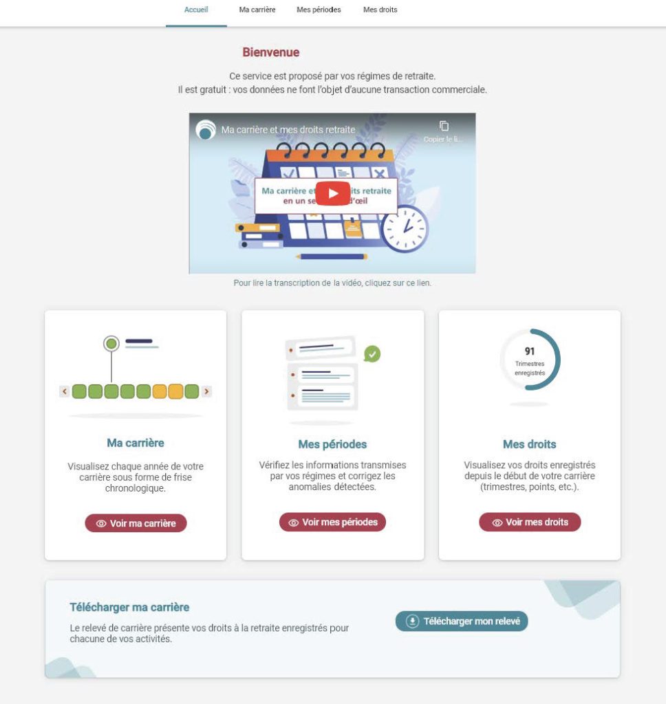 capture écran du service ma carrière du compte retraite