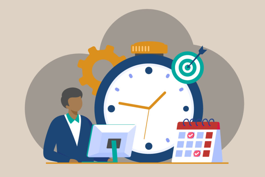 image illustrative d'une personne devant son ordinateur avec une horloge derrière elle