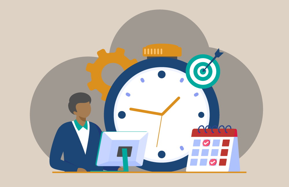 image illustrative d'une personne devant son ordinateur avec une horloge derrière elle