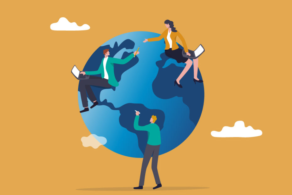 Image illustrative montrant trois personnages travaillant autour d'un globe terrestre