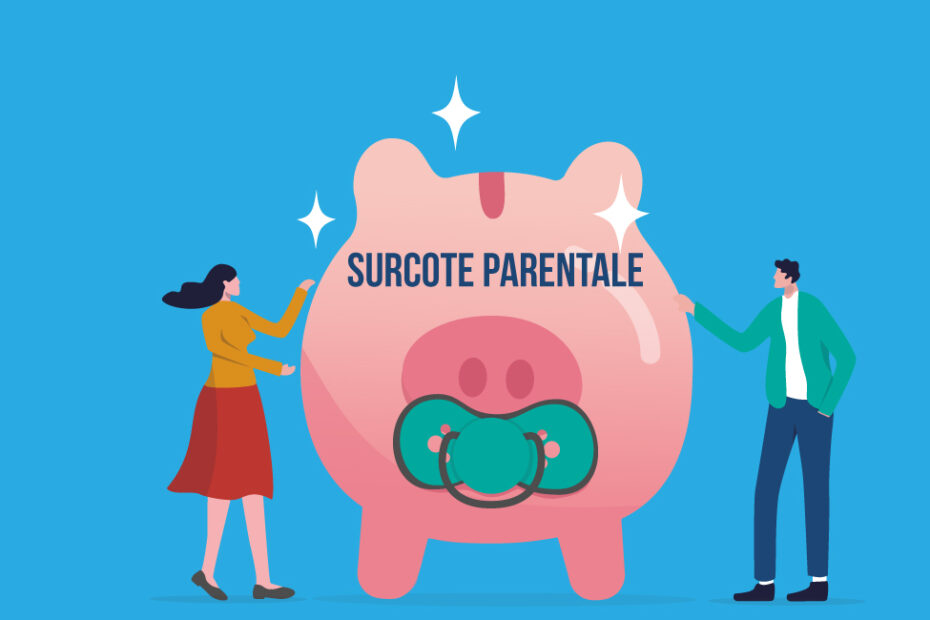 image illustrative de deux parents autour d'une tirelire avec une tétine